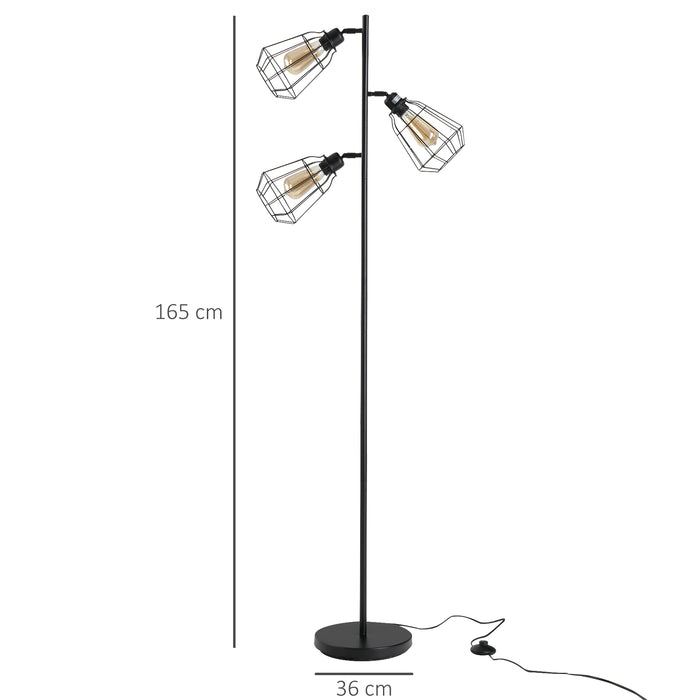 Retro Practical Tree Floor Lamp - 3-Angle Adjustable Lampshade with Sturdy Steel Base - Ideal Lighting for Living Rooms, Bedrooms, and Offices, 165cm Tall, Black