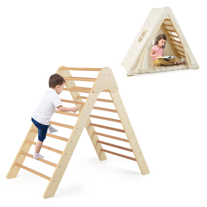 Beige 2-In-1 Kids Triangle Climber - with Tent Pad, Child-Safe Indoor Activity Playground Equipment - Ideal for Enhancing Motor Skills and Indoor Playtime