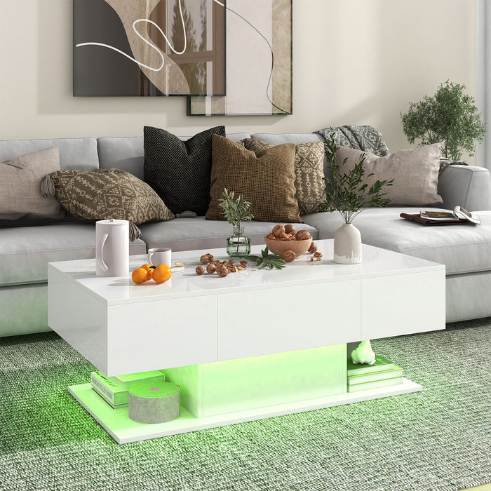 LED Table with Drawers - White Coffee Table with Remote Control - Modern Storage Solution for Living Room