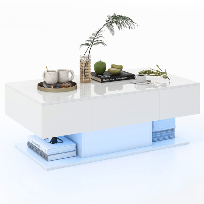 LED Table with Drawers - White Coffee Table with Remote Control - Modern Storage Solution for Living Room