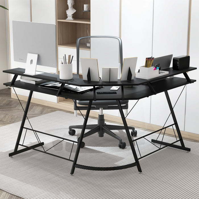 DeskCraft - L-Shaped Desk with Power Outlet and Elevated Monitor Stand - Ideal for Computer Users Seeking Ergonomic Comfort and Convenience