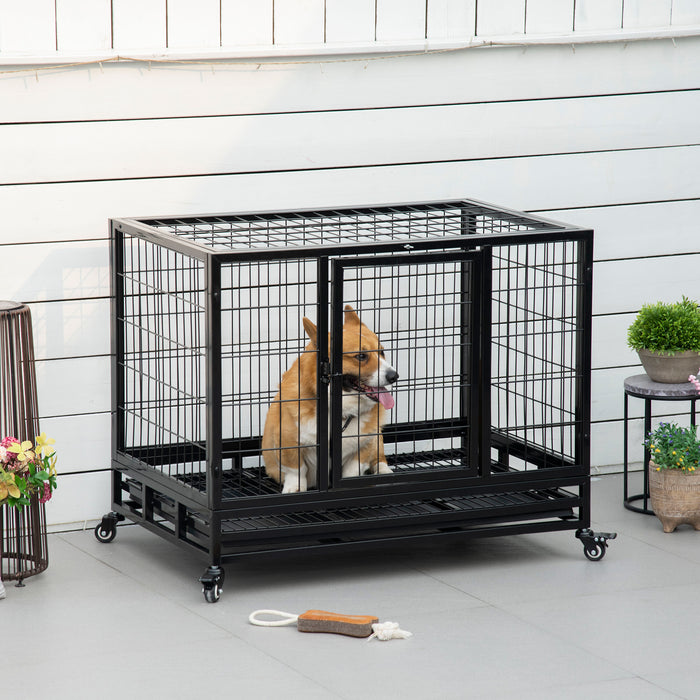 Heavy Duty 38" Metal Dog Kennel with Wheels and Crate Tray - Robust Pet Cage for Medium-Sized Dogs - Easy Mobility & Cleaning