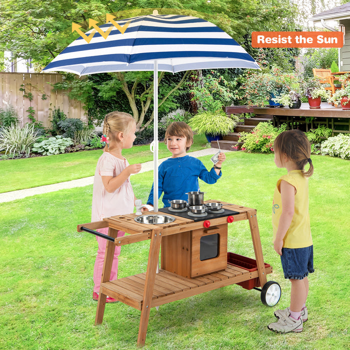 Playtime Trolley Model PTK200 - Wooden Kids Fun Cart with Blue Umbrella and Built-In Storage - Ideal For Outdoor Play and Toy Organization