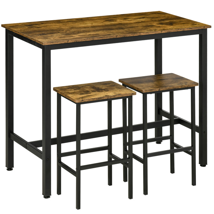 Industrial Bar Table Set - 3-Piece Rustic Brown Breakfast Counter with Matching Stools - Ideal for Kitchen & Living Room Space Saving Dining