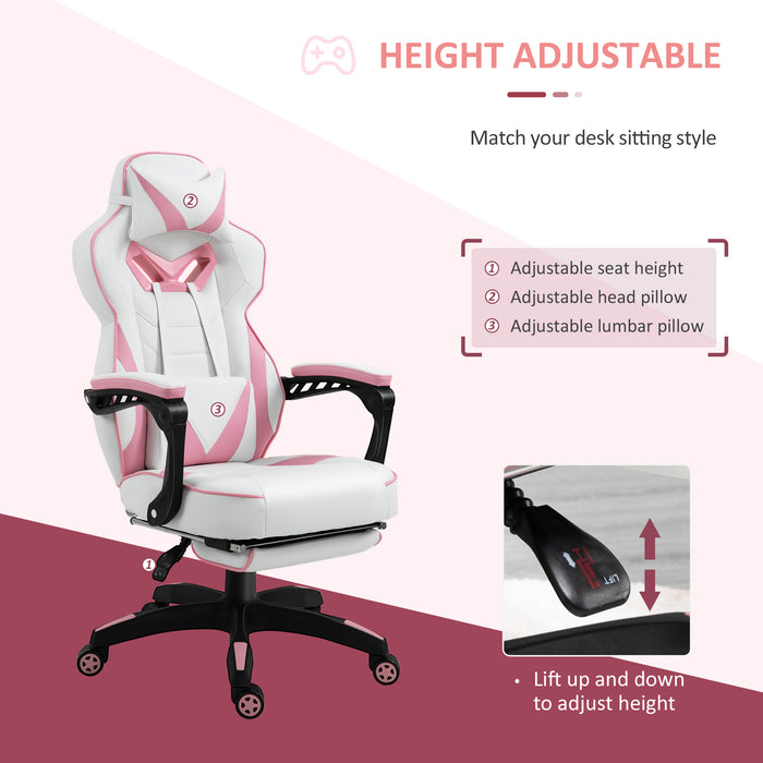 Ergonomic Racing Gamer Chair with Adjustable Features - Rolling Office Desk Chair with Headrest, Lumbar Support & Retractable Footrest in Pink - Ideal for Comfortable Gaming & Productive Work Environments