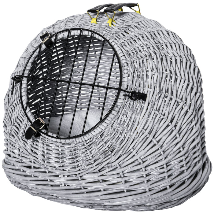 Wicker Cat Travel Carrier with Plush Cushion - Sturdy and Stylish Grey Basket - Comfortable Transportation for Felines