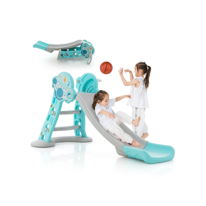 3-in-1 Indoor Playset - Blue Kids Slide, Basketball Hoop, and Mini Basketball - Fun and Safe Activity for Children