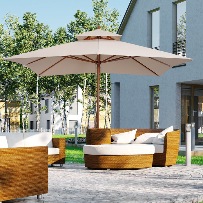 Beige 3x3M Double-Tier Garden Parasol - Patio Sunshade Umbrella with Wooden Canopy - Ideal for Outdoor Relaxation and UV Protection
