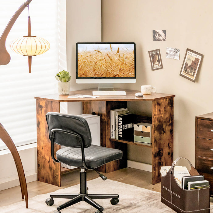 Corner Computer Desk by Triangle - Open Shelf, Cable Management Holes, Compact Black Design - Ideal for Maximizing Office or Home Workspace Efficiency