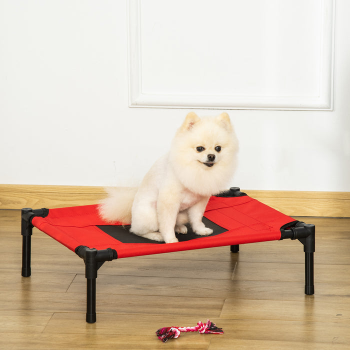 Portable Raised Dog Bed with Sturdy Metal Frame - Elevated Pet Cot in Black and Red for Small Breeds - Ideal for Camping and Outdoor Comfort