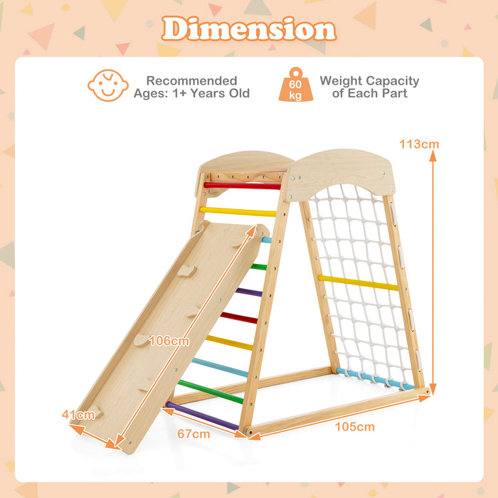 Jungle Gym 6-in-1 Model - Wooden Indoor Playground with Double-sided Ramp in Natural Finish - Ideal Solution for Active Indoor Play for Kids