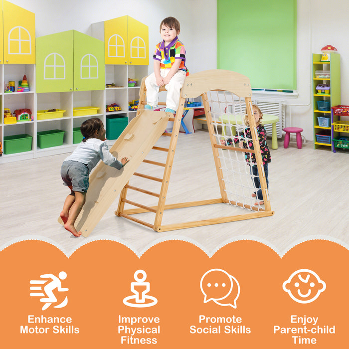 Jungle Gym 6-in-1 Model - Wooden Indoor Playground with Double-sided Ramp in Natural Finish - Ideal Solution for Active Indoor Play for Kids