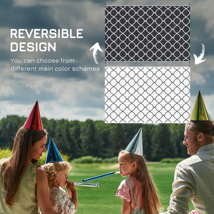 Reversible Plastic Straw Outdoor Rug - Includes Carry Bag & Ground Stakes, 182x274cm in Black - Ideal for Garden, RV, Picnic, Beach, and Camping Use