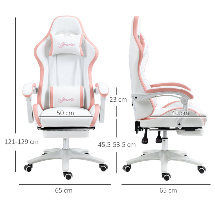 Racing Gaming Chair - Reclining PU Leather Desk Chair with Swivel, Footrest & Removable Headrest - Ergonomic Design for Gamers, White & Pink