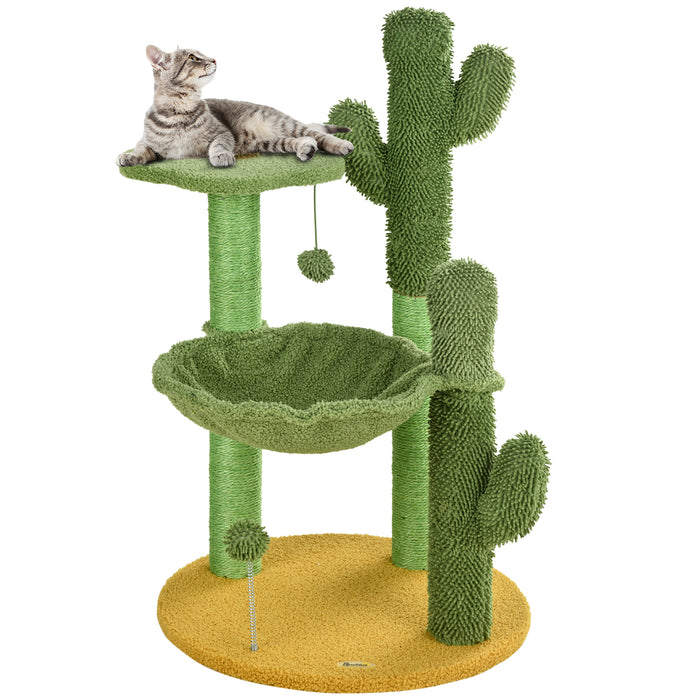 Chenille Cactus Cat Tree - 82cm Luxury Scratching Post with Comfy Hammock - Ideal for Playful Kittens and Resting Cats