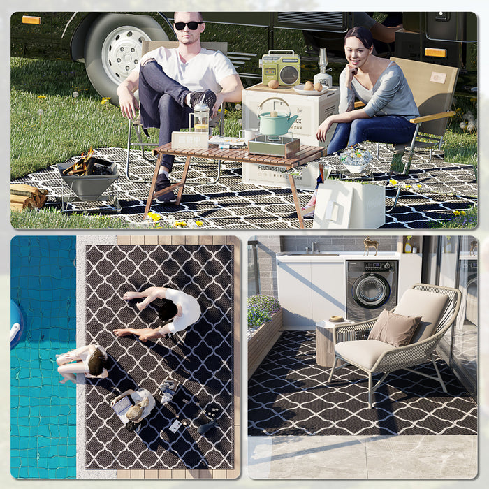 Reversible Plastic Straw Outdoor Rug - Includes Carry Bag & Ground Stakes, 182x274cm in Black - Ideal for Garden, RV, Picnic, Beach, and Camping Use
