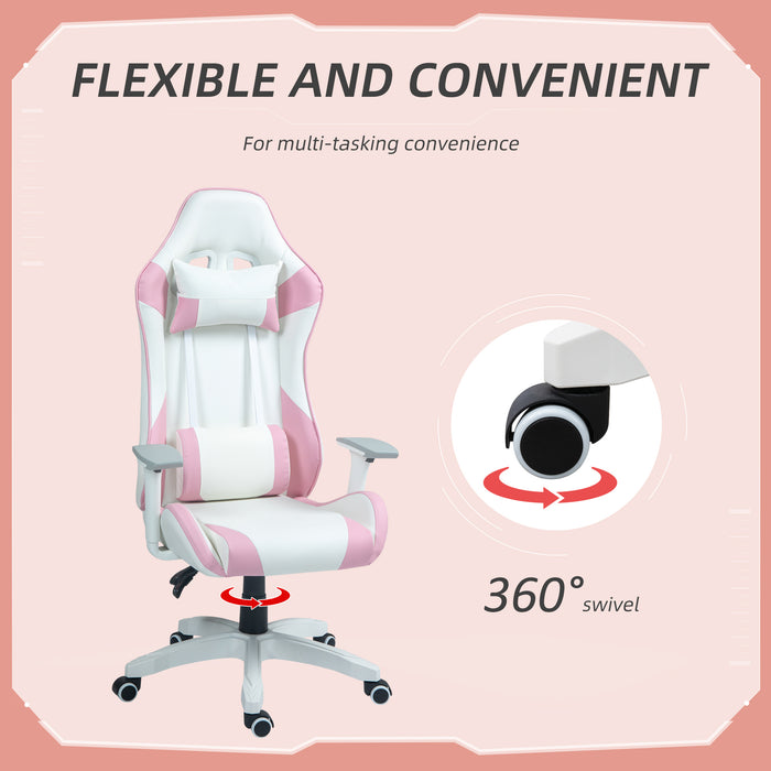 Ergonomic Racing Gaming Chair - Faux Leather with Lumbar & Headrest Support, 3D Adjustable Armrests - Comfortable Swivel Seating for Home Office Gamers in Pink