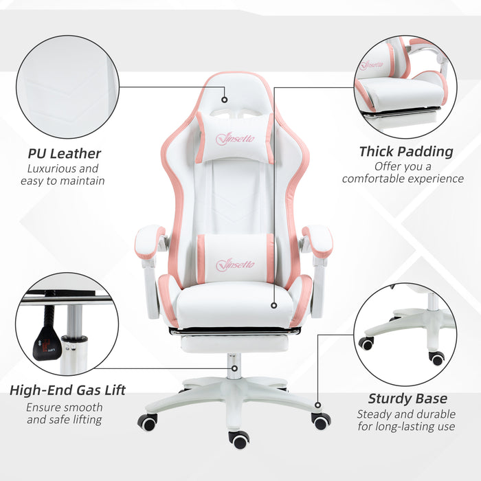 Racing Gaming Chair - Reclining PU Leather Desk Chair with Swivel, Footrest & Removable Headrest - Ergonomic Design for Gamers, White & Pink