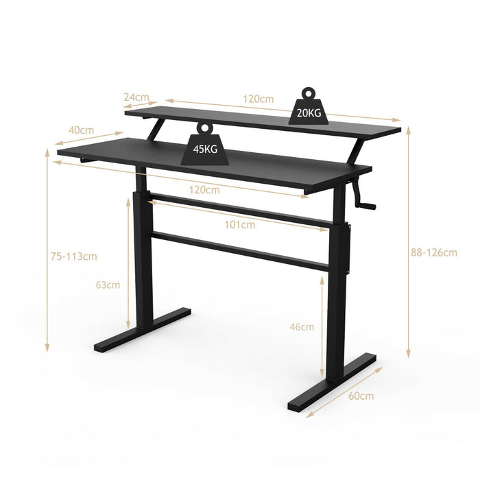 Adjustable Height Desk with 2-Tiers - White Standing Desk with Crank Handle - Perfect for Sit-Stand Work Environments