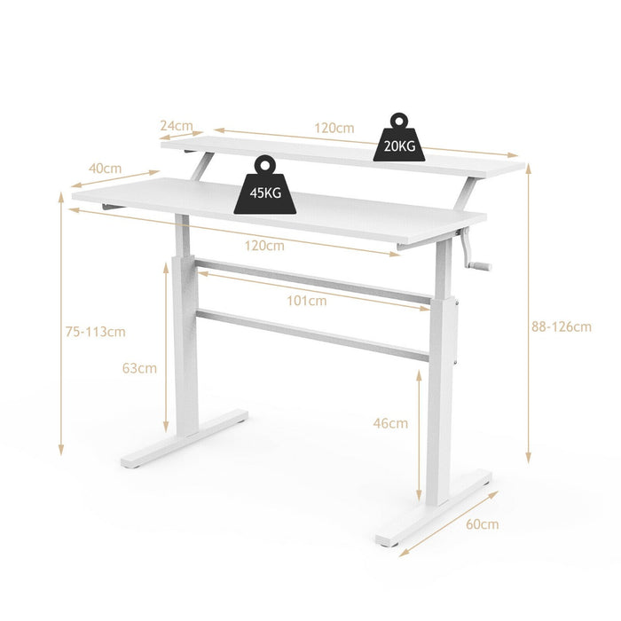 Adjustable Height Desk with 2-Tiers - White Standing Desk with Crank Handle - Perfect for Sit-Stand Work Environments
