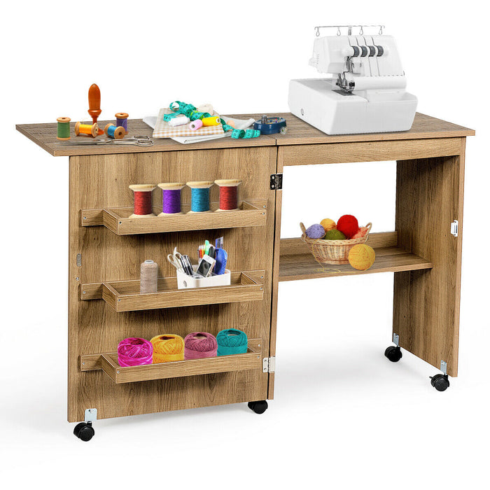 Beige Folding Sewing Table - Equipped with Storage Shelves and Lockable Casters - Ideal for Crafters and Seamstresses
