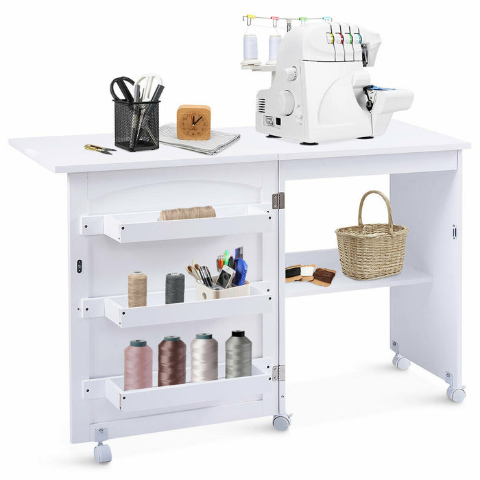 Beige Folding Sewing Table - Equipped with Storage Shelves and Lockable Casters - Ideal for Crafters and Seamstresses