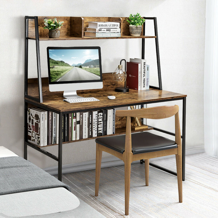Antique 2-in-1 Computer Desk with Storage Bookshelf - Compact Bedroom Furniture Solution - Ideal for Space Saving and Organization