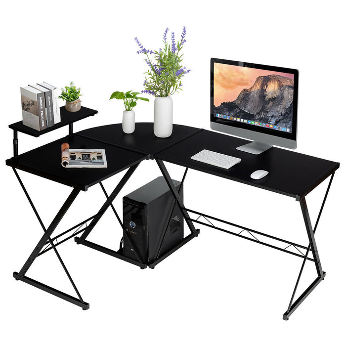 Corner Computer Desk in Black - L-Shaped Design with Monitor Stand and Host Tray - Ideal for Home Office Setup and PC Gaming Station