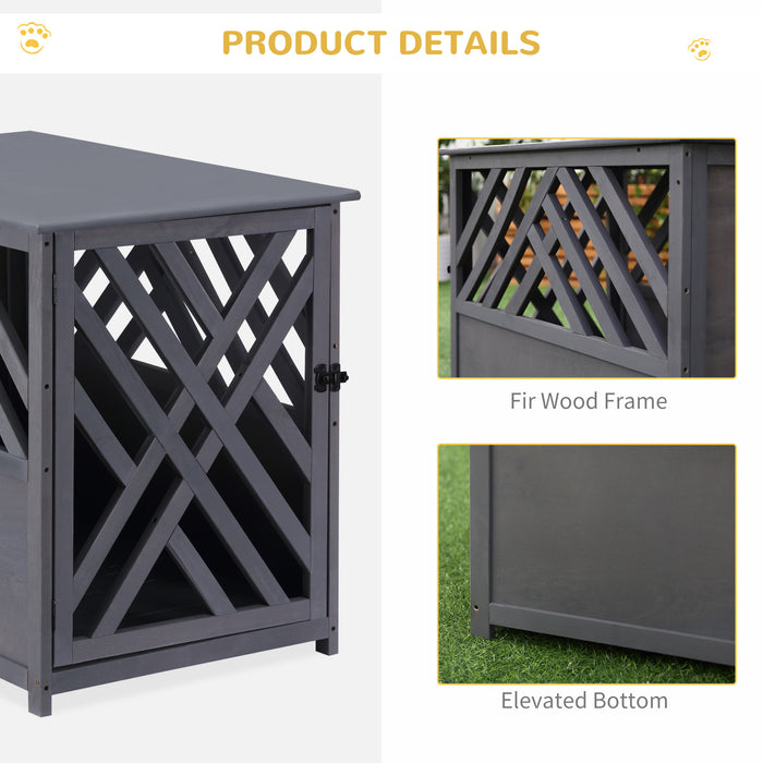Elegant Wooden Dog Crate & End Table - Stylish Pet Kennel with Lattice Design and Lockable Door, 60x91x74cm, Grey - Ideal for Home Décor and Pet Security