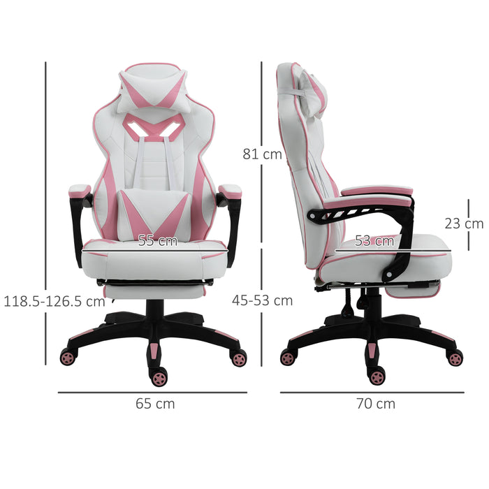 Ergonomic Racing Gamer Chair with Adjustable Features - Rolling Office Desk Chair with Headrest, Lumbar Support & Retractable Footrest in Pink - Ideal for Comfortable Gaming & Productive Work Environments