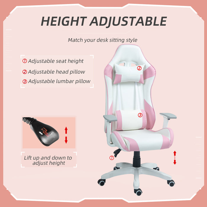 Ergonomic Racing Gaming Chair - Faux Leather with Lumbar & Headrest Support, 3D Adjustable Armrests - Comfortable Swivel Seating for Home Office Gamers in Pink
