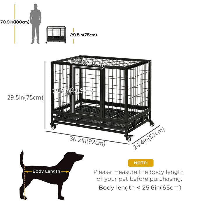 Heavy Duty 38" Metal Dog Kennel with Wheels and Crate Tray - Robust Pet Cage for Medium-Sized Dogs - Easy Mobility & Cleaning