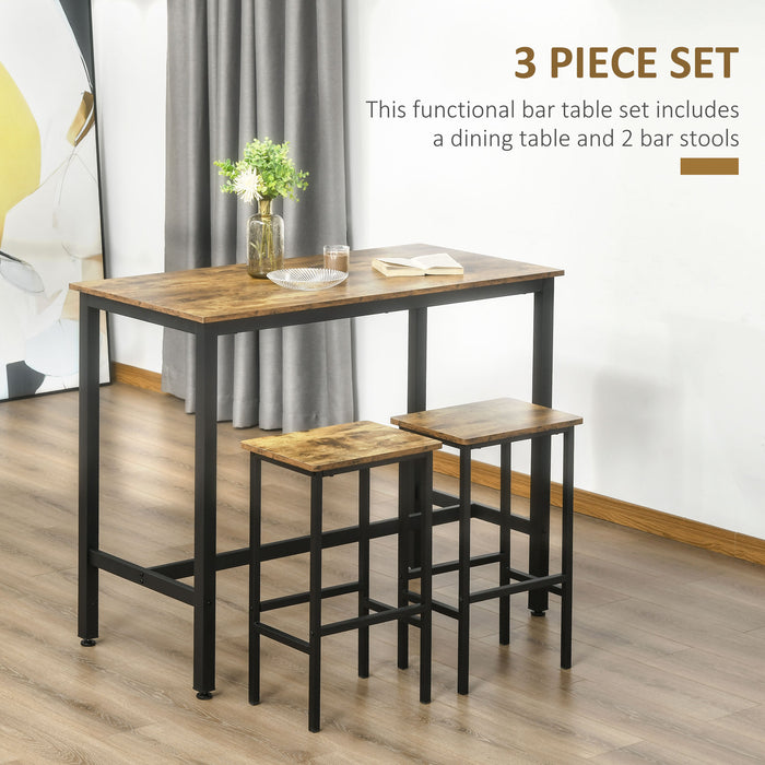 Industrial Bar Table Set - 3-Piece Rustic Brown Breakfast Counter with Matching Stools - Ideal for Kitchen & Living Room Space Saving Dining