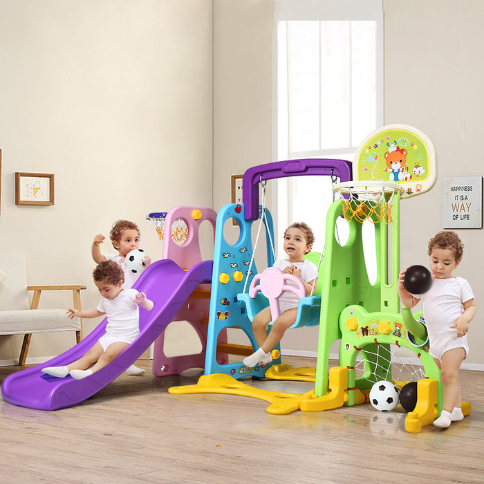 Multifun 6-in-1 Play Set - Kids Indoor/Outdoor Slide, Swing, Basketball Hoop Combo - Perfect For Early Childhood Development & Entertainment