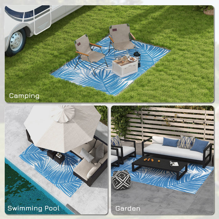 Reversible Blue and Cream RV Camping Mat - 182x274cm Eco-Friendly Plastic Straw Outdoor Rug with Carry Bag - Ideal for Picnics, Beach Trips, & Patio Use