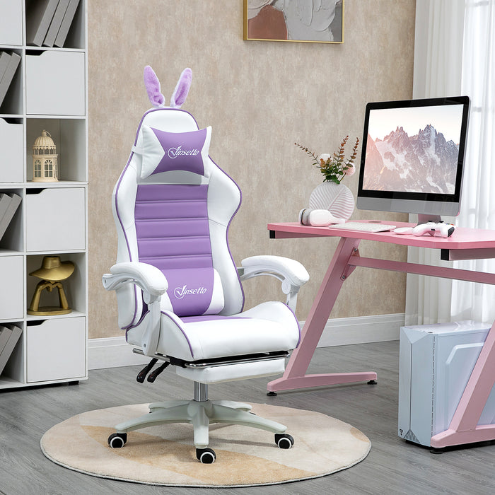 Racing Gaming Chair with Rabbit Ears - Reclining PU Leather Computer Chair, Footrest, Headrest & Lumbar Support, Purple - Ideal for Gamers & Home Office Use
