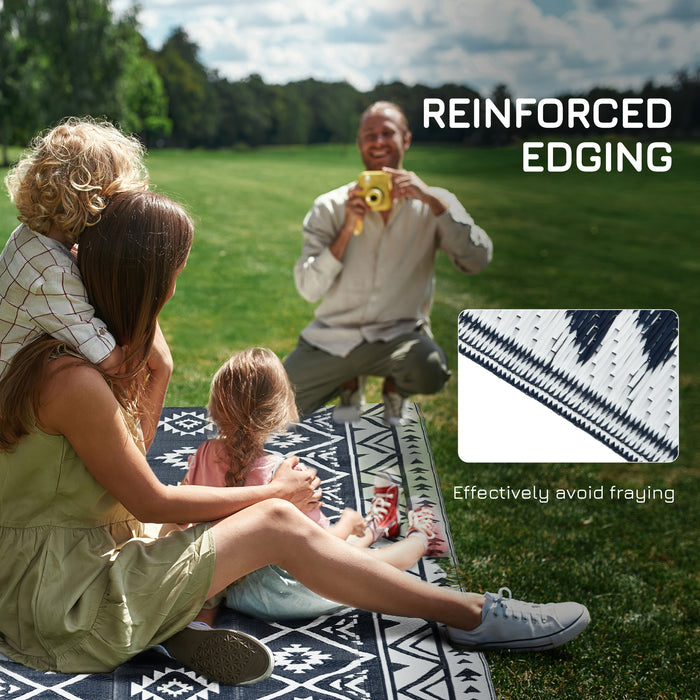 Reversible RV Outdoor Rug - Durable Plastic Straw Mat in Dark Blue and White, 182 x 274cm, with Carry Bag - Ideal for Camping & Patio Use