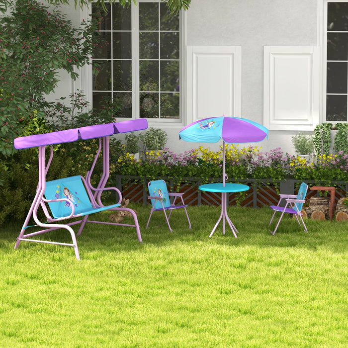 Kids Outdoor 4-Piece Fun Set - Swing with Adjustable Canopy & Table-Chair Combo with Parasol - Ideal for Girls Aged 3-6 Years