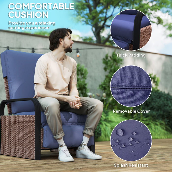 Outsunny Rattan Garden Recliner Chair, Reclining Rattan Chair with Adjustable Backrest and Footrest, Outdoor Lounge Sun Lounger with Cushion, Side Tray and Aluminium Armrests, Brown/Blue
