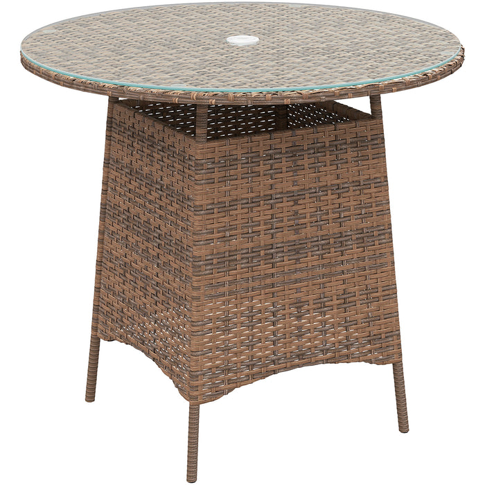 Outsunny Wicker Garden Rattan Table, Patio Furniture Outdoor Coffee Table with Umbrella Hole and Tempered Glass Top, Brown