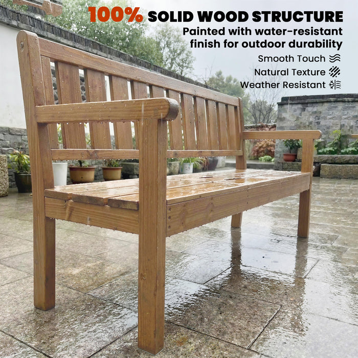 Outsunny Wooden Garden Bench with Liftable Table & Shelf, 2-3-Seater Outdoor Loveseat with Fir Wood Frame, Teak