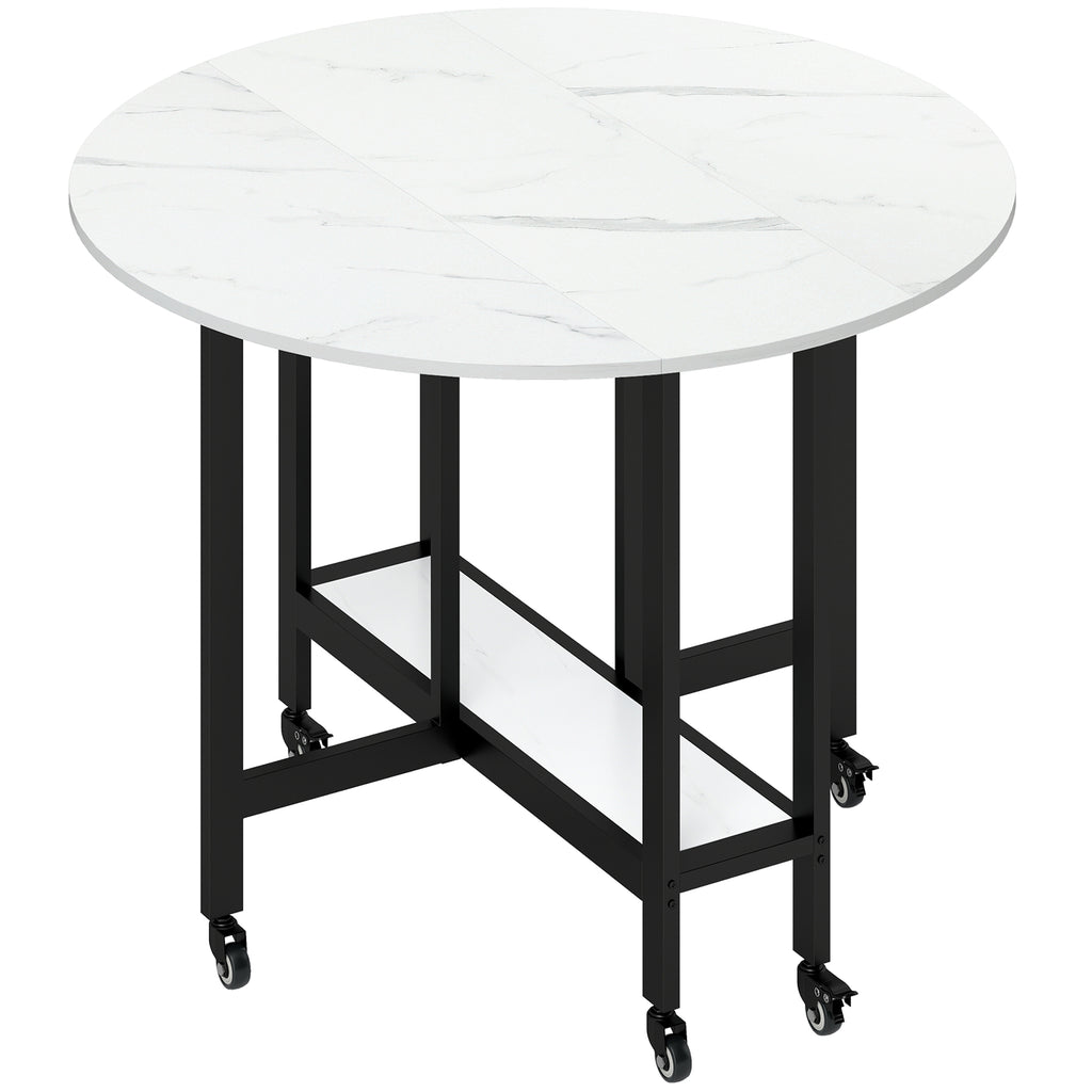 HOMCOM Folding Dining Table, Drop Leaf Table with Open Shelf, Rolling Kitchen Table for Dining Room, Small Spaces, White Marble