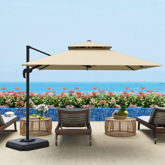 Outsunny 2.7 x 2.7(m) Cantilever Parasol with Aluminium Frame, Crank and Tilt, 360° Rotation, Double Top Garden Umbrella with Base and Cover, Khaki