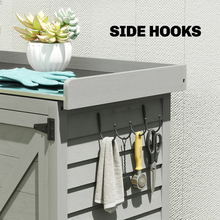 Outsunny Wooden Garden Shed, Garden Tool Storage Shed with Shelf and Side Hooks, 71.5 x 39 x 95 cm, Grey