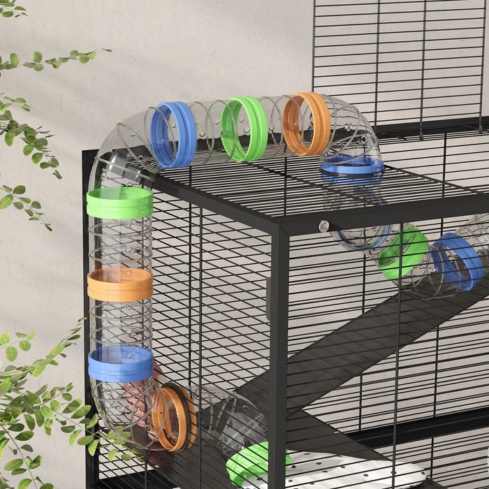 PawHut 5 Tier Large Hamster Cage on Wheels with 17 cm Deep Tray, Storage Shelf for Syrian, Gerbil, Rats