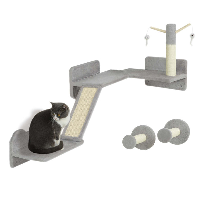 PawHut 3PCs Cat Wall Furniture with Scratching Posts, Scratching Pads, Perches, Cat Wands, Toy Balls, Light Grey | Aosom UK