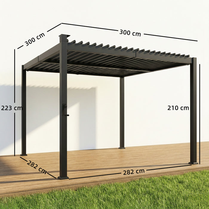 Outsunny 3 x 3 m Louvered Pergola with Solar LED lights, Metal Roof, Patio Gazebo Pergola Canopy with Drainage Gutters, Black