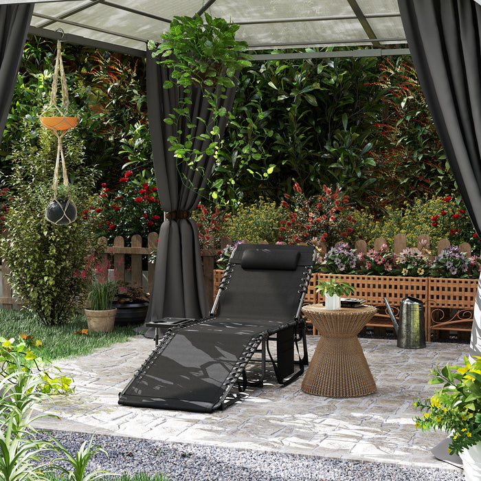 Outsunny Folding Sun Lounger with Side Table, 5-Level Adjustable Reclining Sun Lounger Chair, Portable Garden Recliner Sunbed with Side Pocket, Head Pillow for Patio, Beach, Black
