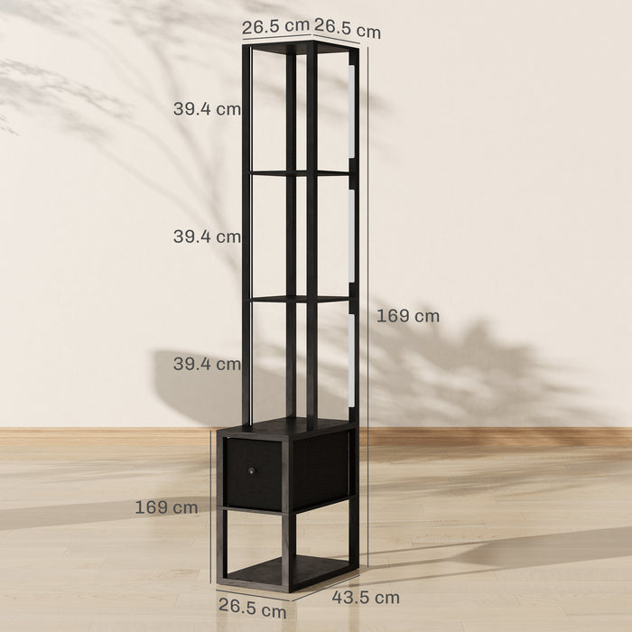 HOMCOM Floor Lamp with Shelves, LED Column Modern Standing Lamp with Fabric Drawer, Adjustable Brightness, Foot Switch for Living Room, Bedroom, Office, Black