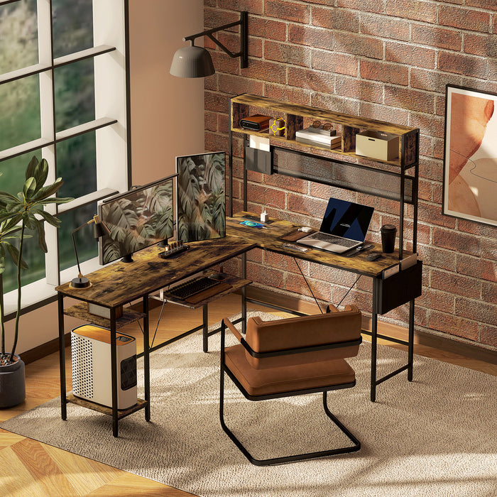 HOMCOM 160cm Reversible L Shaped Desk with Power Outlet, Industrial Corner Desk with Storage Shelves and Keyboard Tray, 240cm Long Computer Desk for 2 Person, Rustic Brown